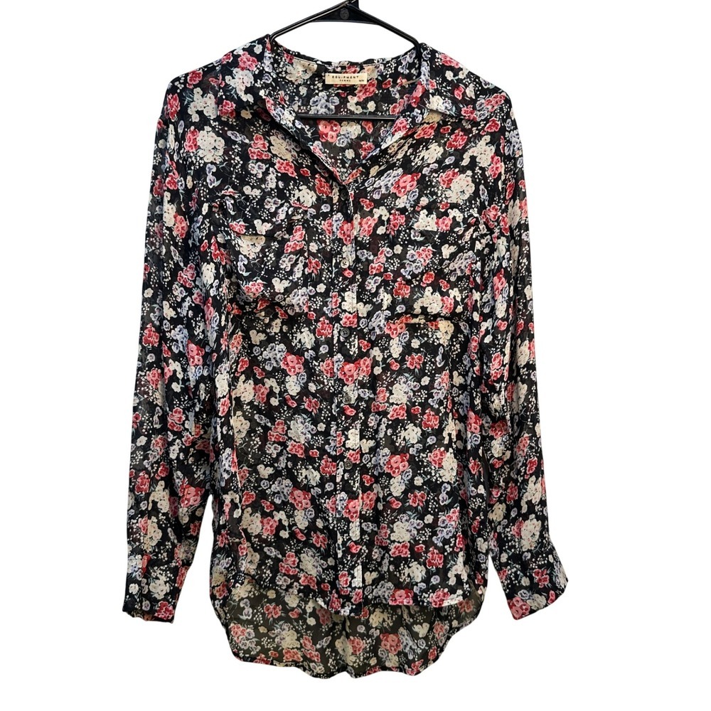 Equipment Femme Black Romantic Floral Whimsigoth 100% Silk Blouse Shirt Medium